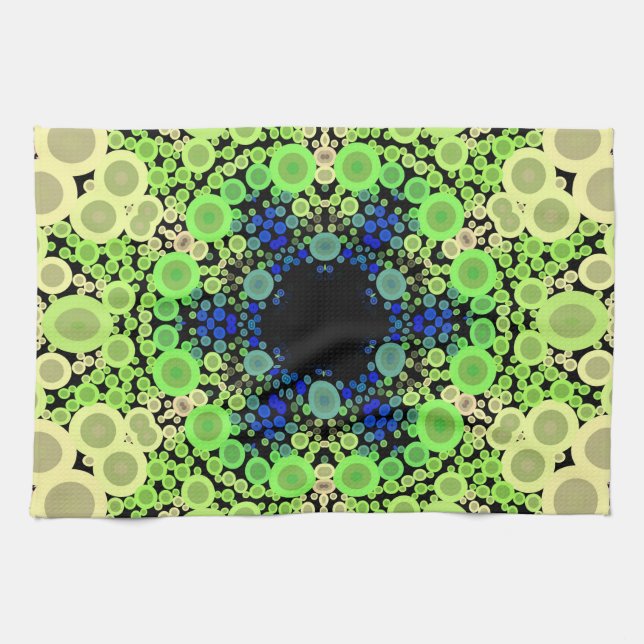 Dot Mandala Flower Blue Green and Yellow Kitchen Towel (Horizontal)