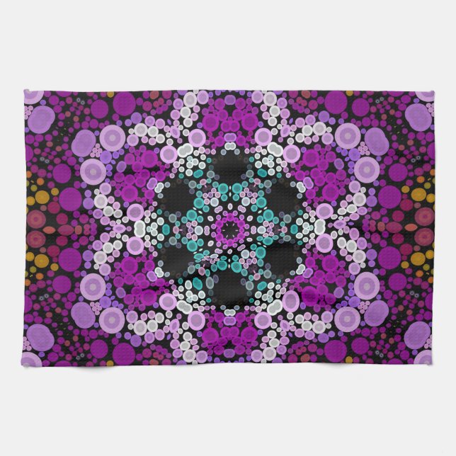 Dot Mandala Flower Blue Pink and Yellow Kitchen Towel (Horizontal)