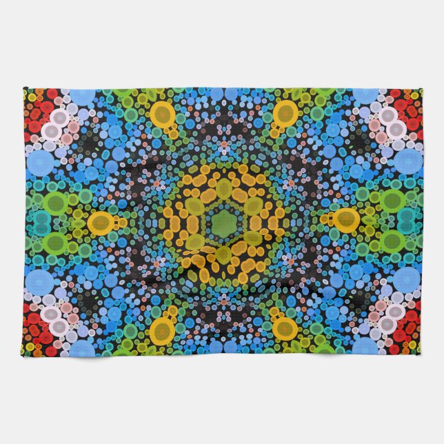 Dot Mandala Flower Blue Yellow and Green Kitchen Towel (Horizontal)