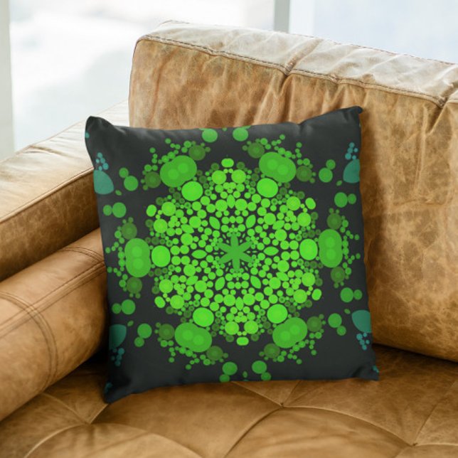 Dot Mandala Flower Green and Black Throw Pillow (Creator Uploaded)