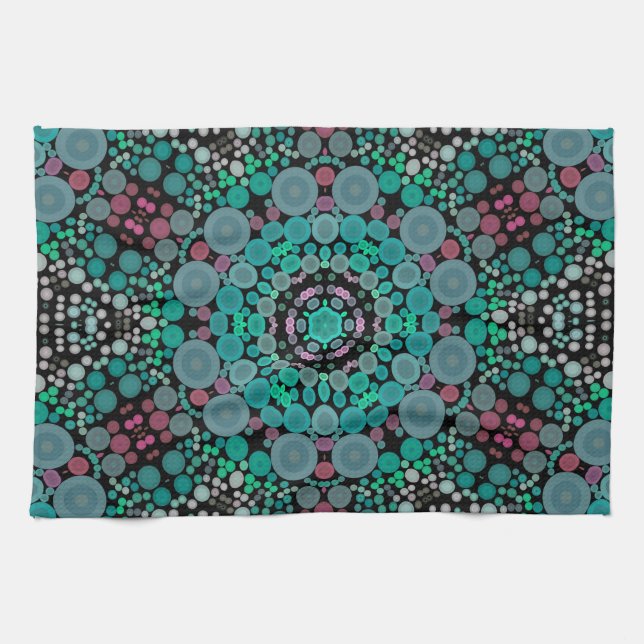 Dot Mandala Flower Green Blue and Red Kitchen Towel (Horizontal)