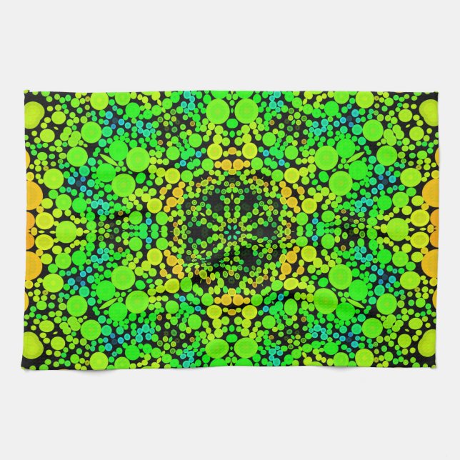 Dot Mandala Flower Green Orange and Yellow Kitchen Towel (Horizontal)