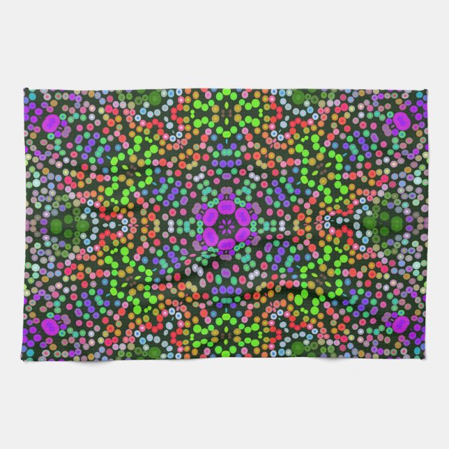 Dot Mandala Flower Green Purple and Orange Kitchen Towel (Horizontal)