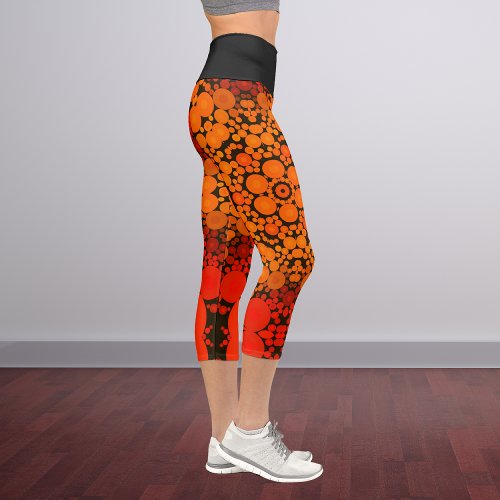 Dot Mandala Flower Orange and Black Capri Leggings