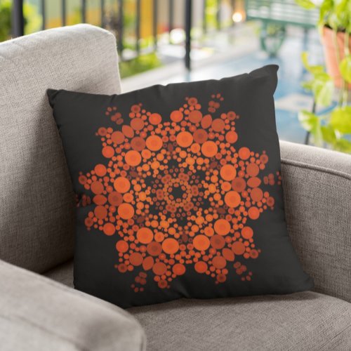 Dot Mandala Flower Orange and Black Throw Pillow