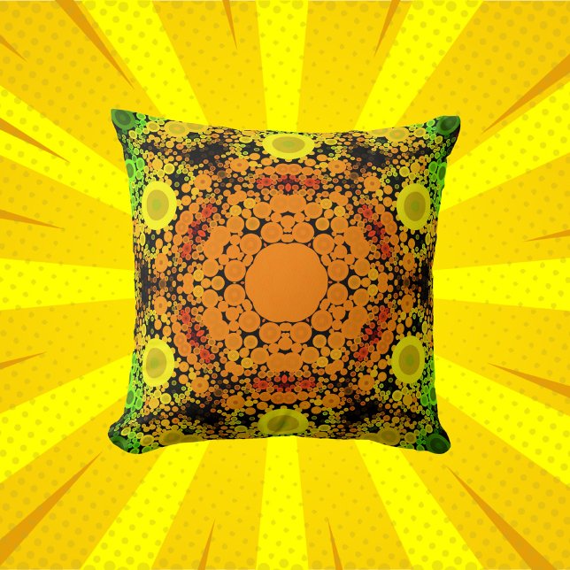 Dot Mandala Flower Orange Yellow and Green Throw Pillow (Creator Uploaded)