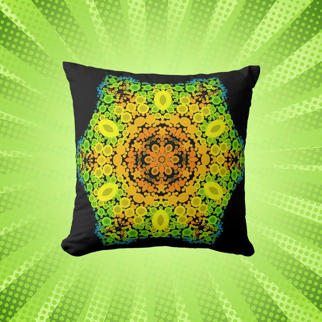 Dot Mandala Flower Orange Yellow Green and Blue Throw Pillow (Creator Uploaded)