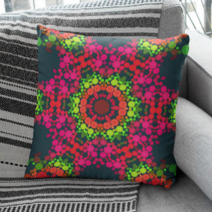 Dot Mandala Flower Pink Green and Orange Throw Pillow