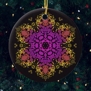 Dot Mandala Flower Pink Yellow and Black Ceramic Ornament
