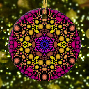Dot Mandala Flower Purple and Yellow Ceramic Ornament