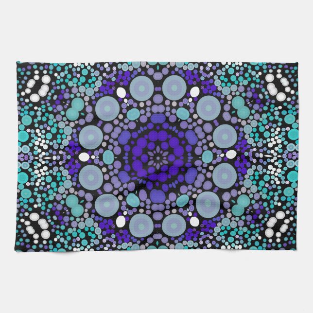 Dot Mandala Flower Purple Blue and White Kitchen Towel (Horizontal)