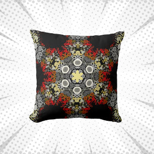Dot Mandala Flower Red Yellow and Grey Throw Pillow