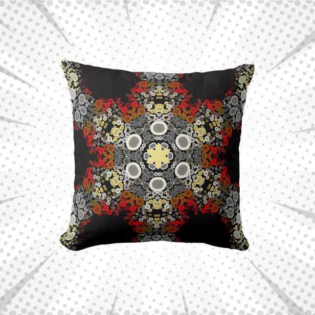 Dot Mandala Flower Red Yellow and Grey Throw Pillow (Creator Uploaded)
