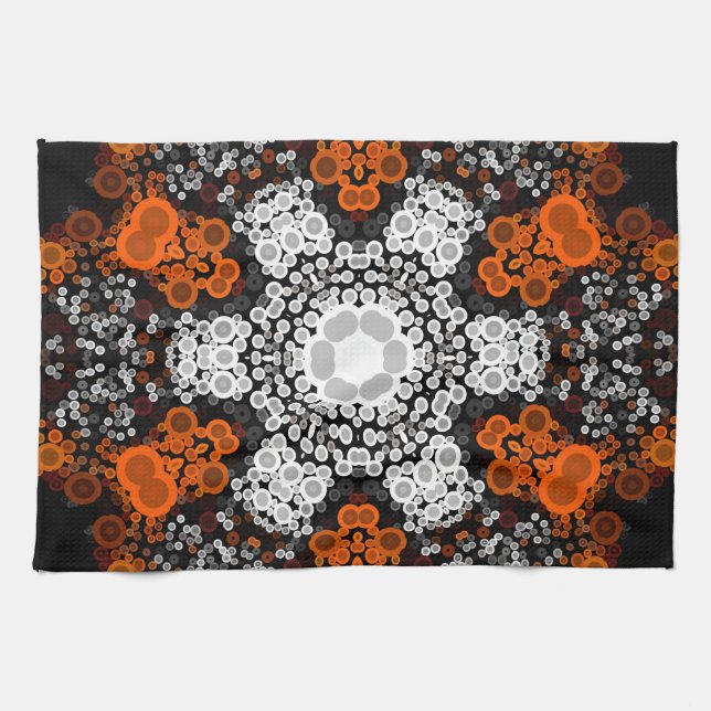 Dot Mandala Flower White Orange and Black Kitchen Towel (Horizontal)