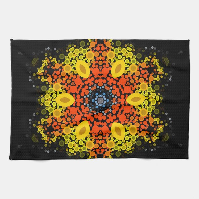 Dot Mandala Flower Yellow Orange and Blue Kitchen Towel (Horizontal)