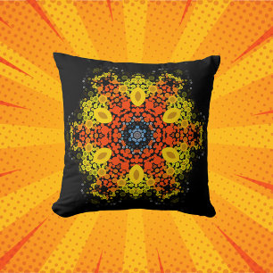 Dot Mandala Flower Yellow Orange and Blue Throw Pillow