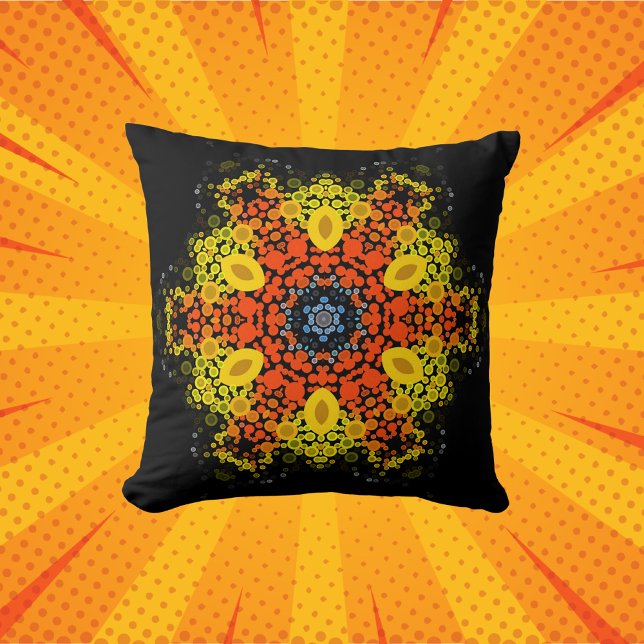 Dot Mandala Flower Yellow Orange and Blue Throw Pillow (Creator Uploaded)