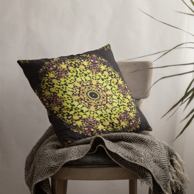 Dot Mandala Flower Yellow Purple and Black Throw Pillow (Creator Uploaded)