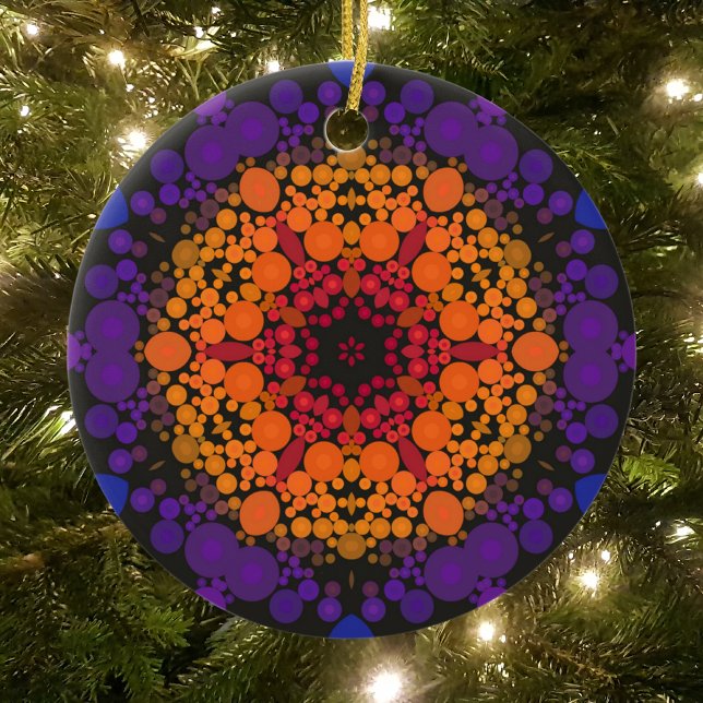 Dot Mandala Flower Yellow Purple and Blue Ceramic Ornament (Creator Uploaded)