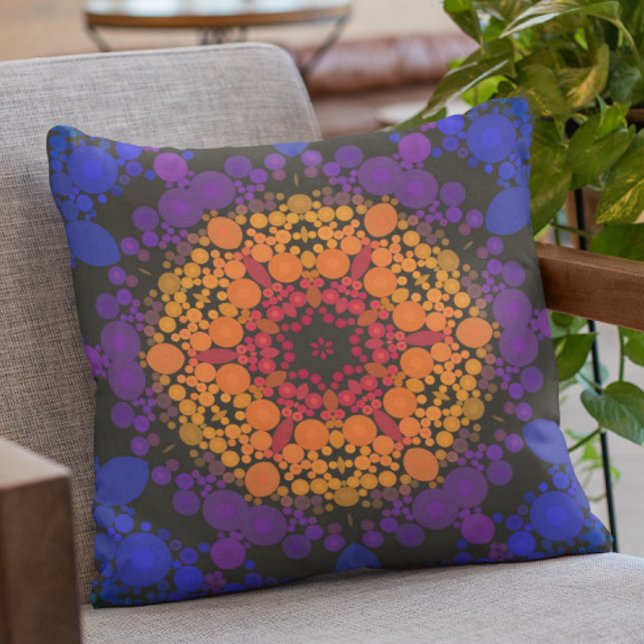 Dot Mandala Flower Yellow Purple and Blue Throw Pillow (Creator Uploaded)