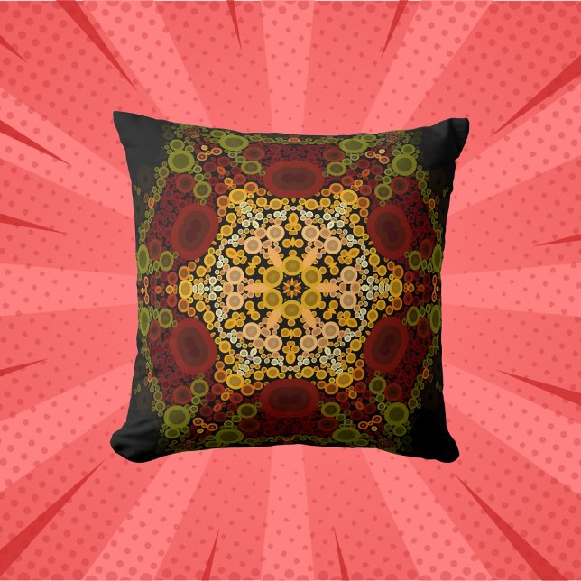 Dot Mandala Flower Yellow Red and Black Throw Pillow (Creator Uploaded)