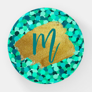 Dot Pattern Teal and Gold Elegant Monogram Paperweight