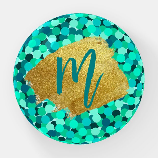 Dot Pattern Teal and Gold Elegant Monogram Paperweight (Front)