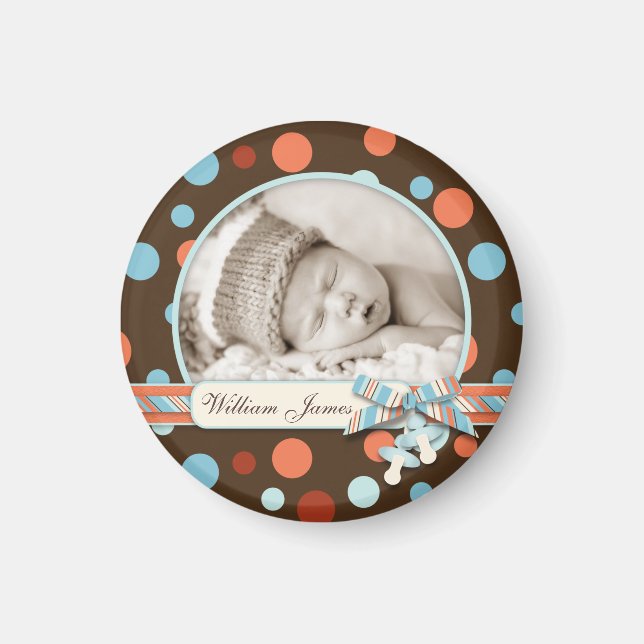 Dot Print with 3D-look Bow Birth Announcement Magnet (Front)