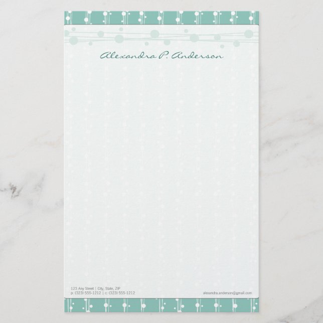 Dots and Straw Aqua Blue Customized Stationery (Front)