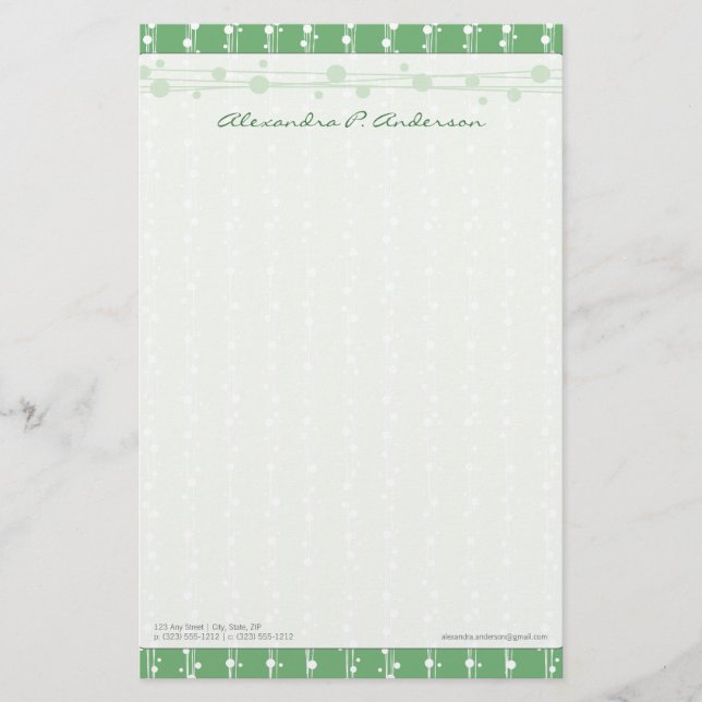 Dots and Straw Vibrant Green Customized Stationery (Front)