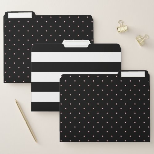 Dots and Stripes  Trendy Black and Faux Rose Gold File Folder