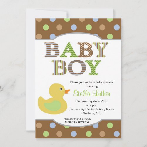 Dots Baby Boy Duck Baby Shower Invitation