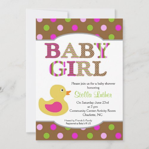 Dots Baby Pink Girly Duck Baby Shower Invitation