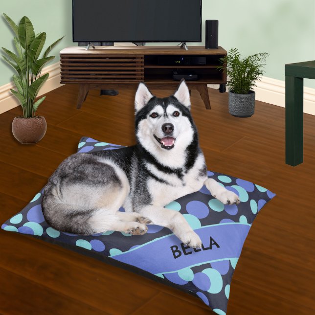 Dots Pattern Blue Modern Personalized Name Dog Pet Bed (A personalized dog bed, patterned with large blue dots in a modern design.)