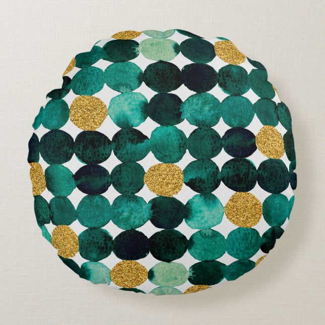 Dots pattern - emerald and gold glitter round pillow (Front)