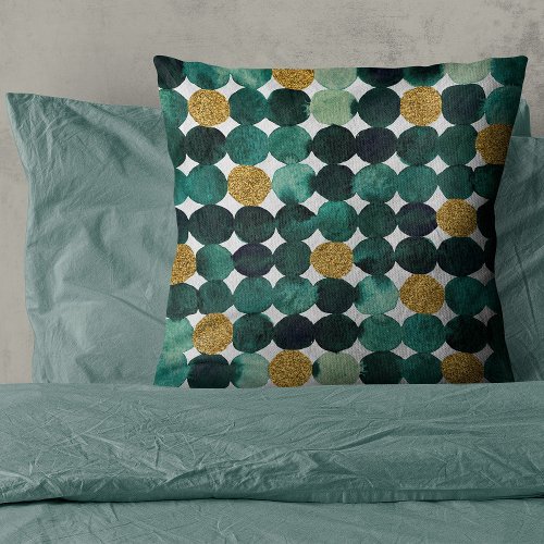 Dots pattern _ emerald and gold glitter throw pillow