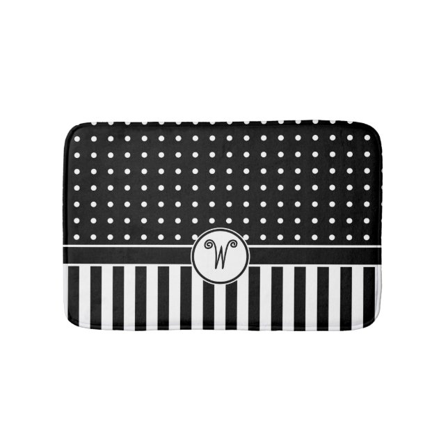 Dots Stripes Monogram Black White Bath Mat (Front)