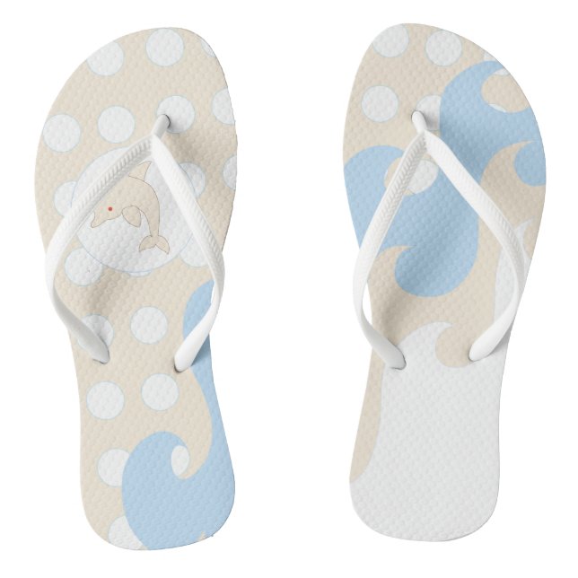 Dots, Waves, Dolphin by the Sea, Creamy Blue Flip Flops (Footbed)