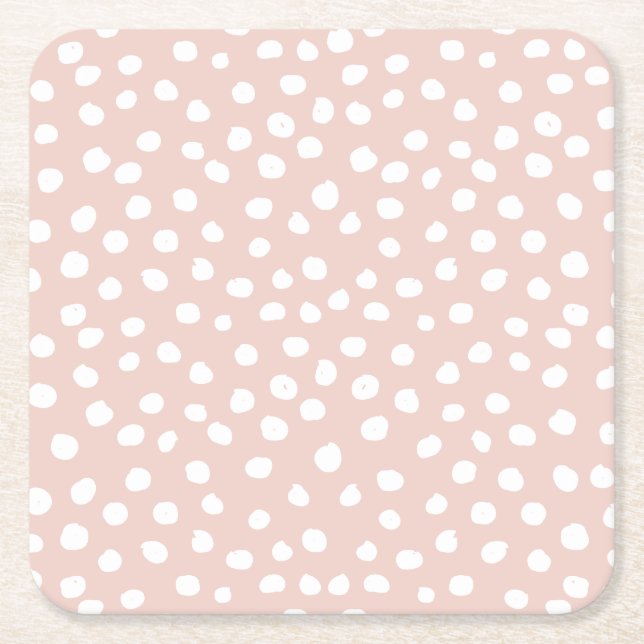 Dots Wild Animal Print Blush Pink And White Spots Square Paper Coaster (Front)