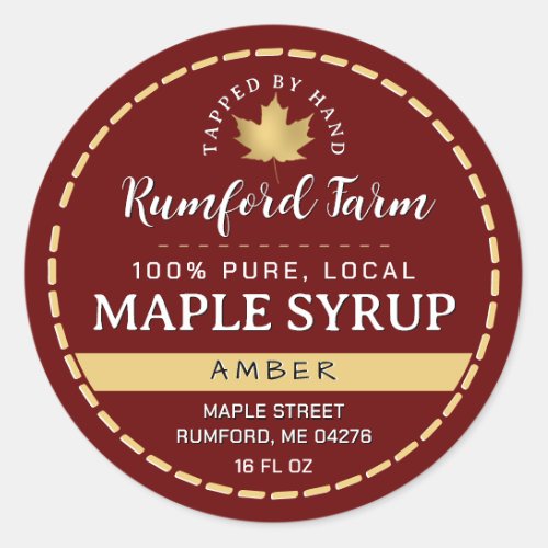 Dotted Border Gold Leaf Traditional Maple Syrup    Classic Round Sticker