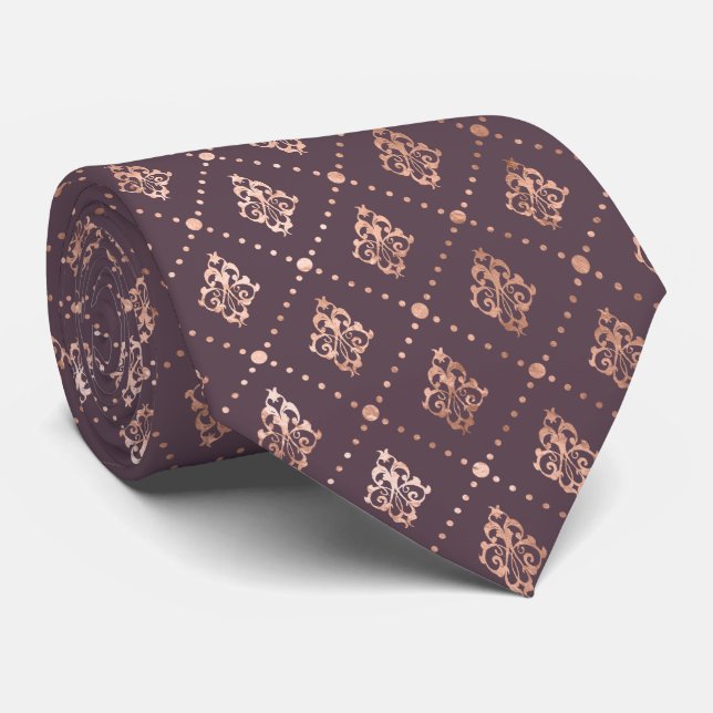 Dotted Botanical Pattern Rose Gold Dark Mauve Neck Tie (Rolled)