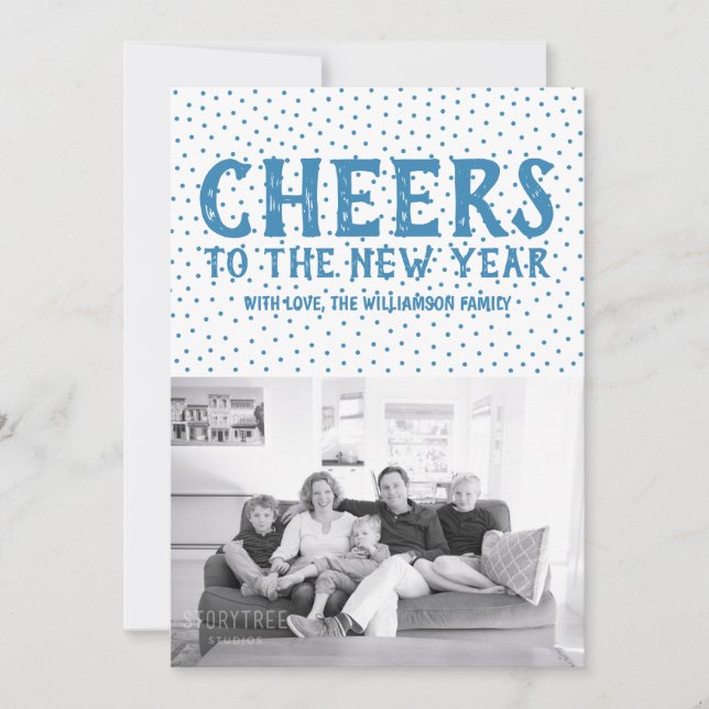 Dotted Cheers to the New Year Photo Card | Blue (Front)