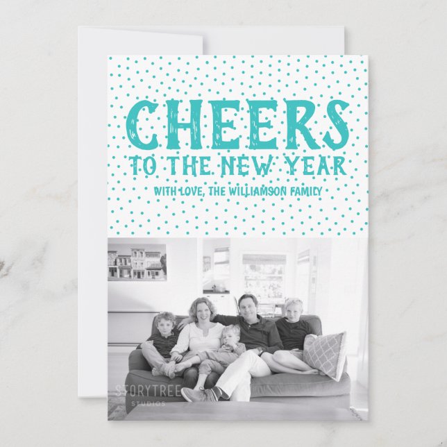 Dotted Cheers to the New Year Photo Card | Teal (Front)
