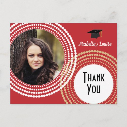 Dotted Circles on Red  Photo Graduation Thank You Postcard