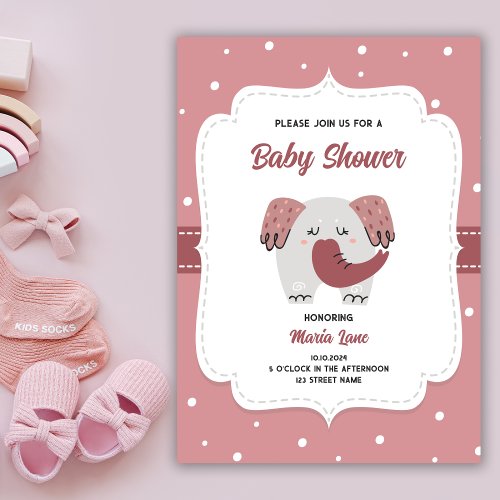 Dotted Dusty Pink Elephant Girl Baby Shower  Invitation