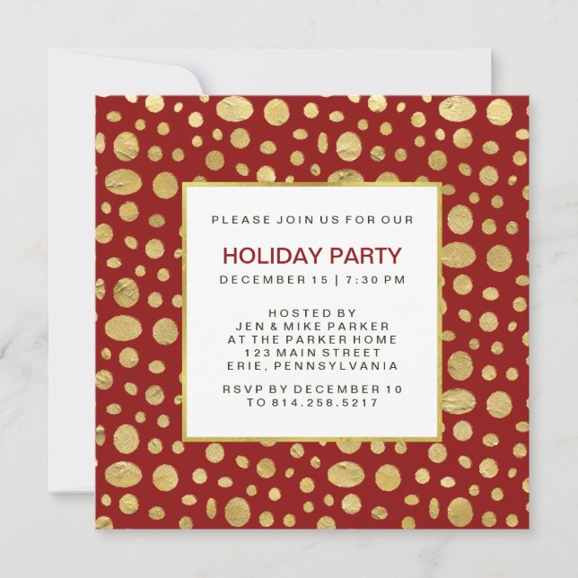 Dotted Gold Christmas Party Invitation on Red (Front)