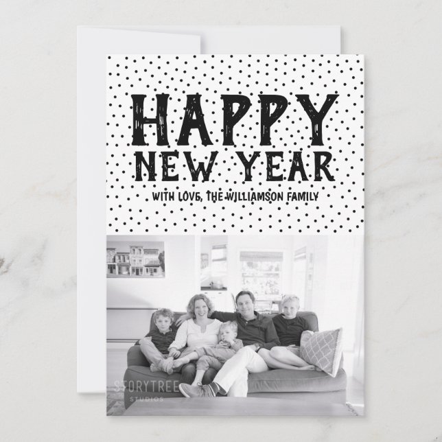 Dotted Happy New Year Photo Card | Black (Front)