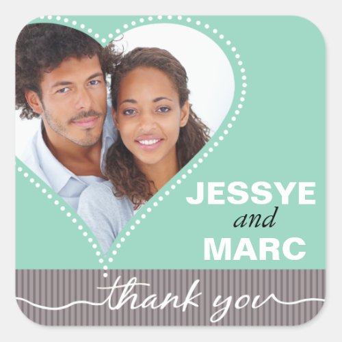 Dotted Heart Photo Thank You mint gray Square Sticker