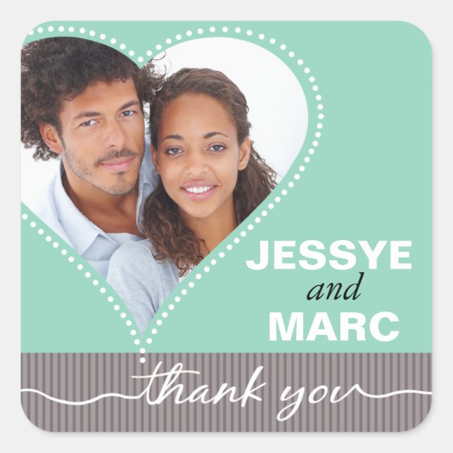 Dotted Heart Photo Thank You mint gray Square Sticker (Front)