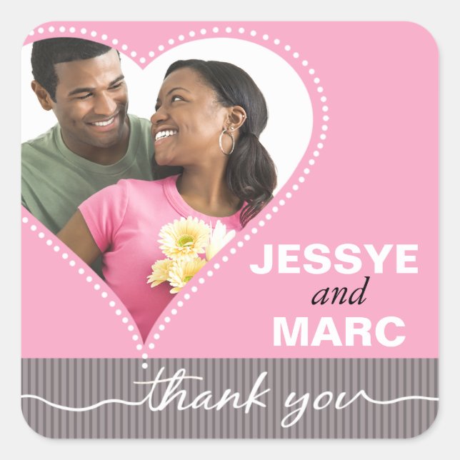 Dotted Heart Photo Thank You pink gray Square Sticker (Front)
